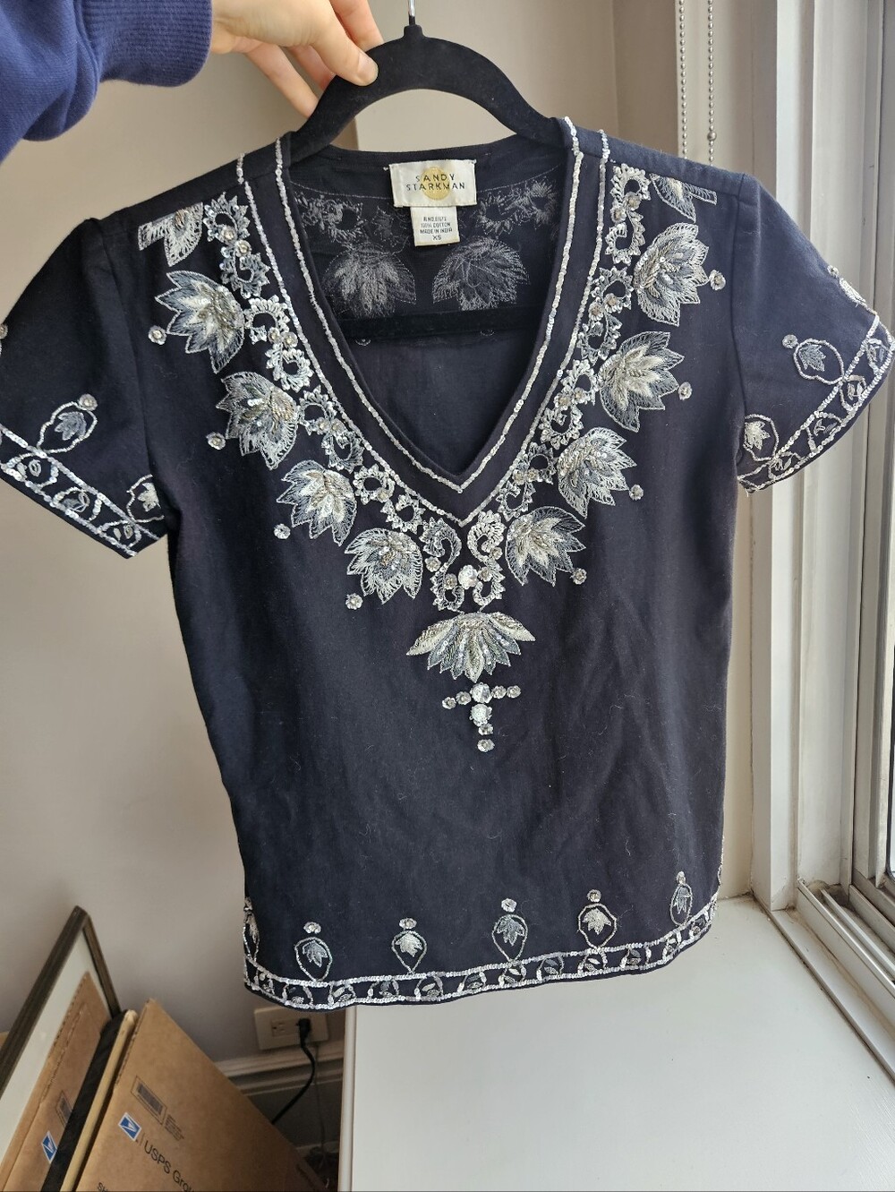 Vintage Sandy Starkman Embroidered V-Neck Beaded Women's Top - Size Xs
